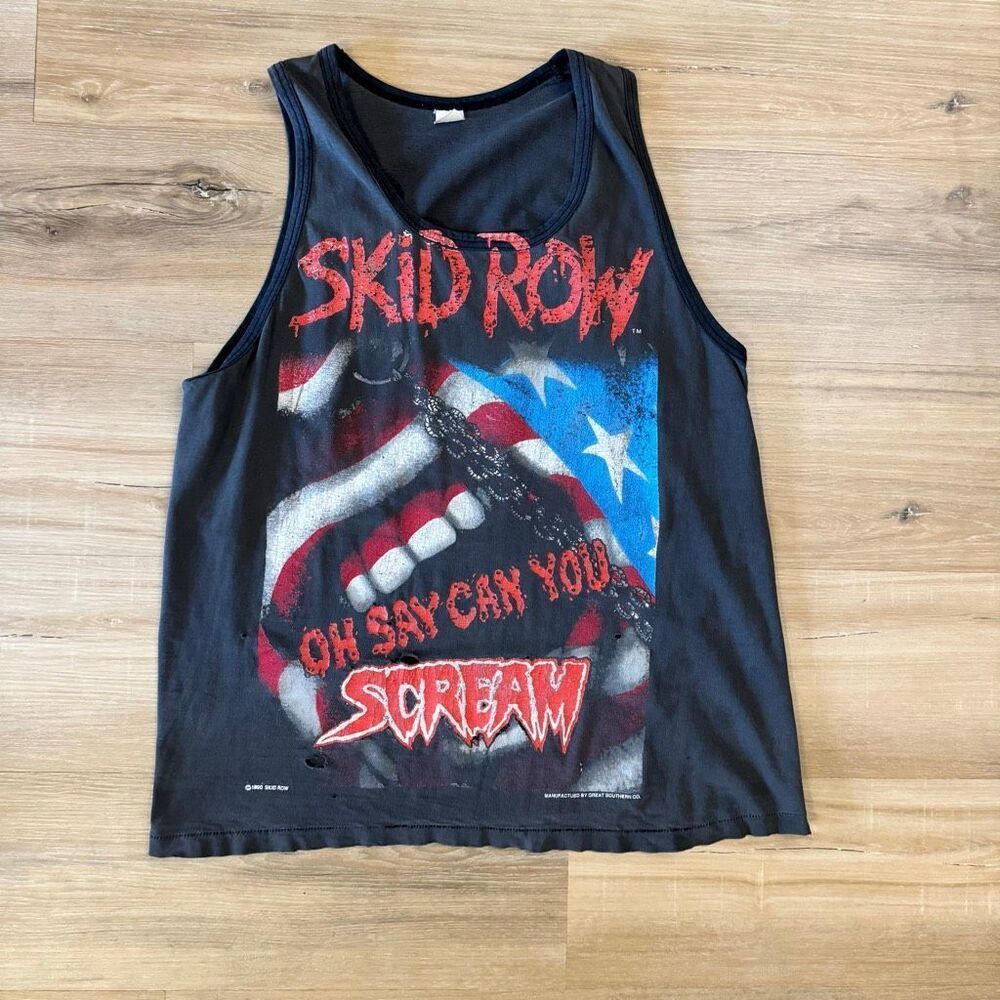 Vintage 90s Skid Row Oh Say Can You Scream Black Tank Top Size Large Distressed